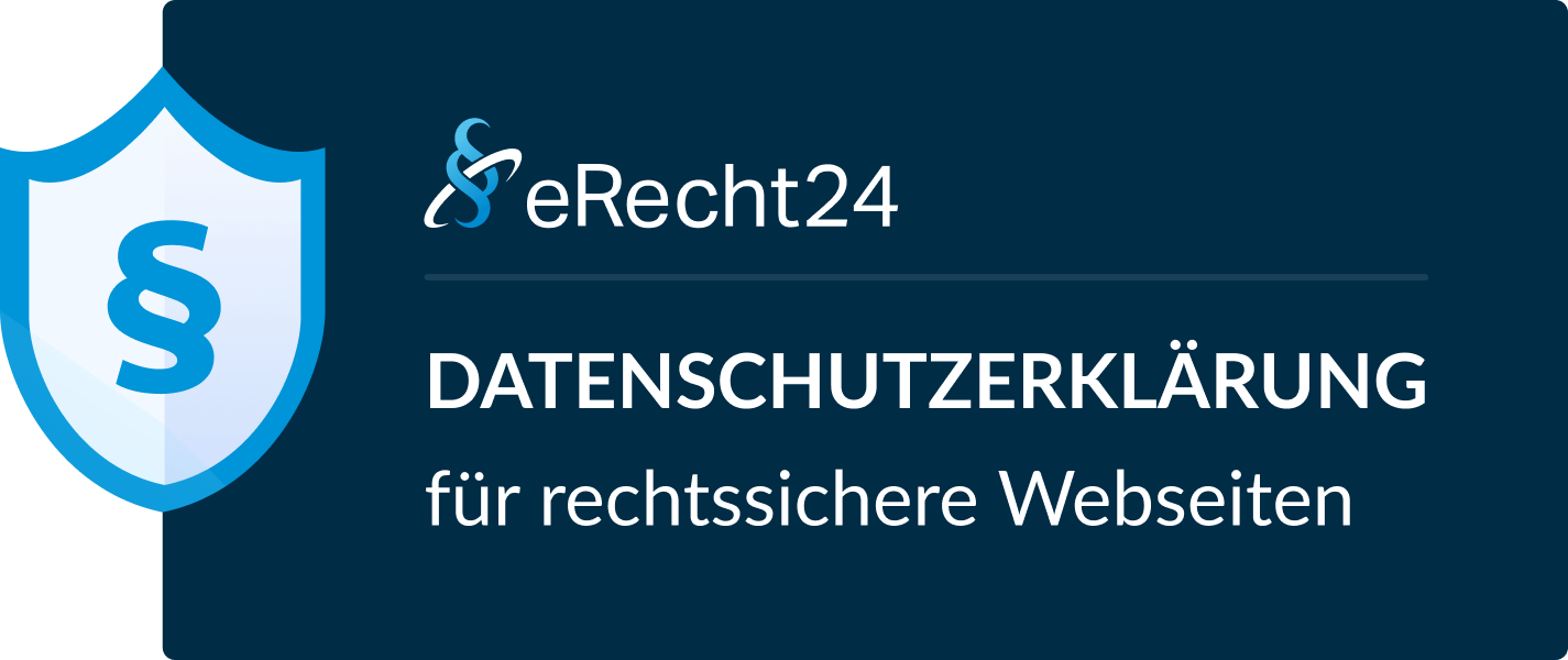 Datenschutzsiegel von eRecht24 mit einem Paragraphen-Symbol und dem Text 'DATENSCHUTZERKLÄRUNG für rechtssichere Webseiten'.